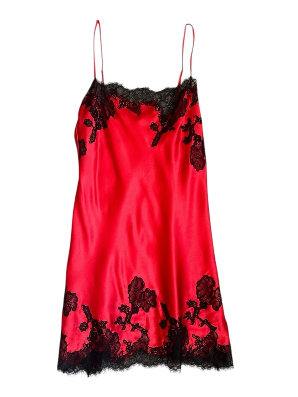 Red Lace-Trim Satin Slip Dress